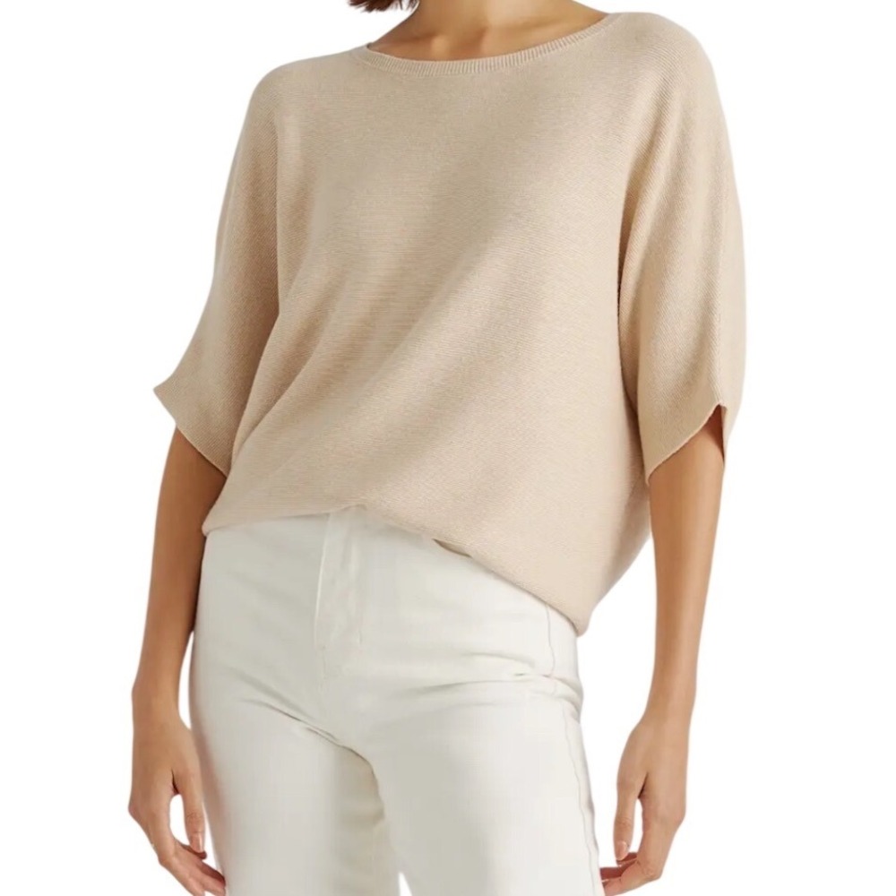 Quince Cotton Cashmere Link-Stitch Dolman Sweater Womens L Heather Oatmeal